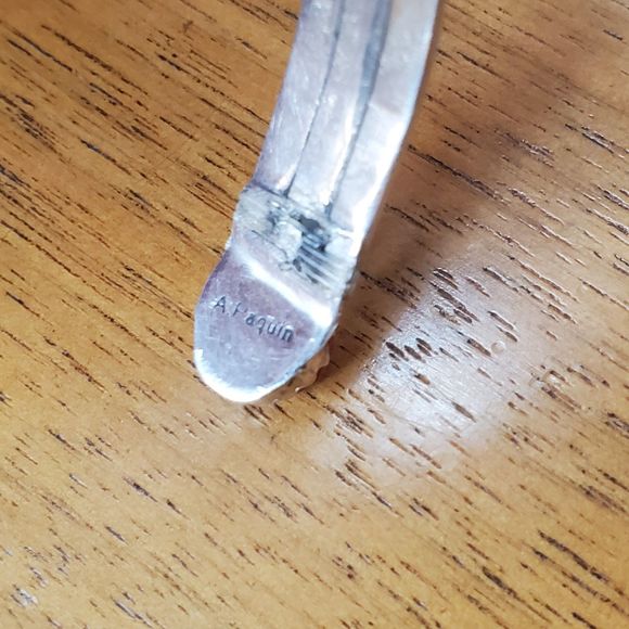 Antique Native American A. Paquin Onyx Coral SILVER Bangle Bracelet - Picture 7 of 9